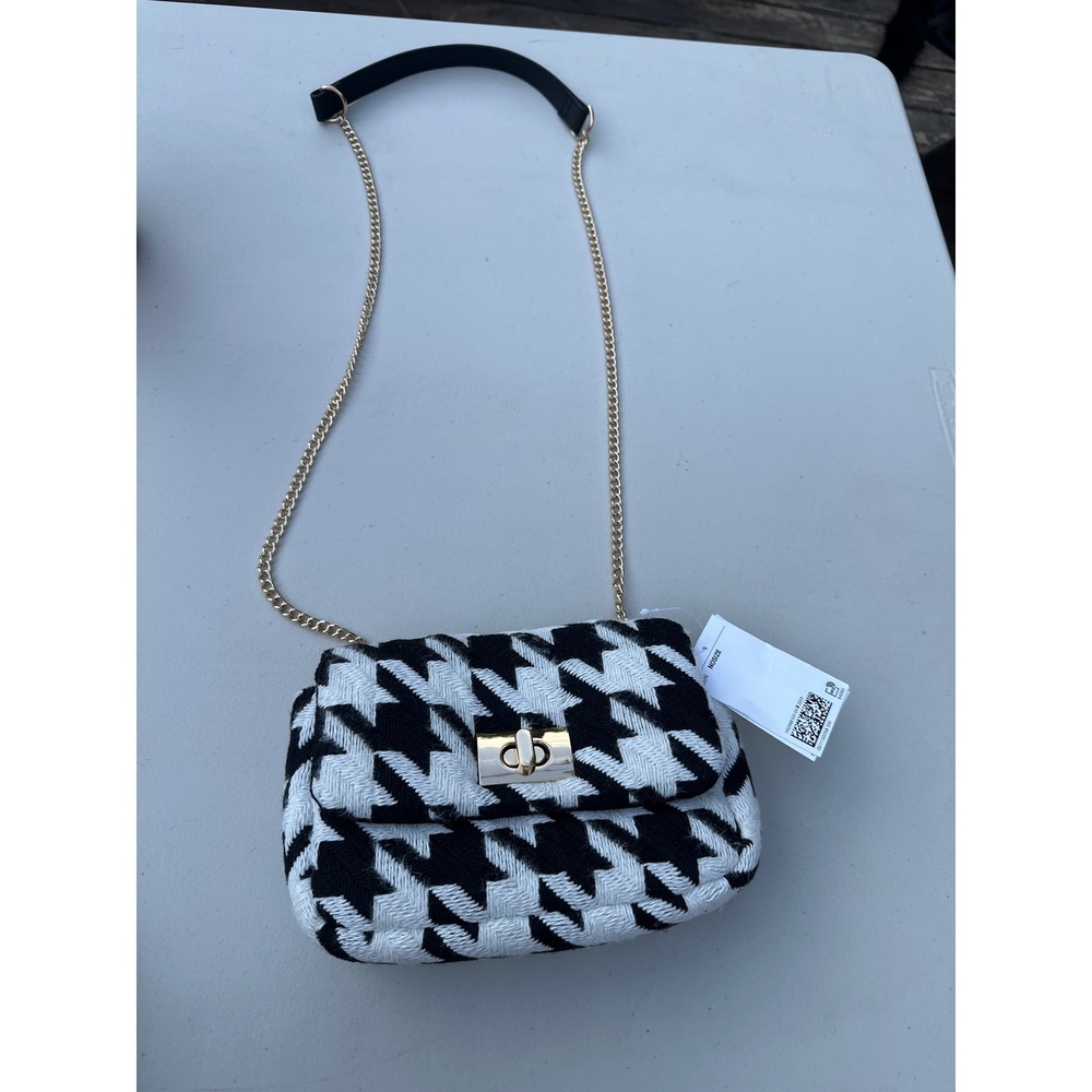 H&M Houndstooth Crossbody Bag‎ Black White Gold Chain Strap Small Flap Purse NEW
